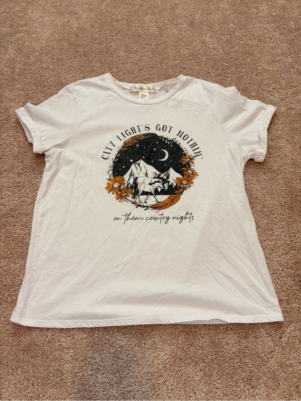 White Graphic Tee with Mountain & Horse Print - Casual Women’s Top